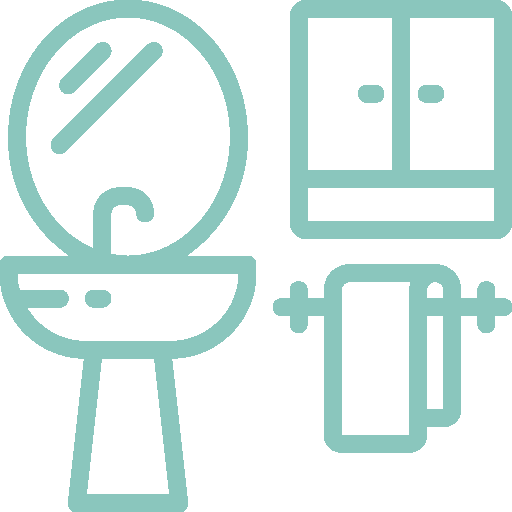 Icon depicting a bathroom with a sink and mirror, wall cabinet, and towel on a rack.