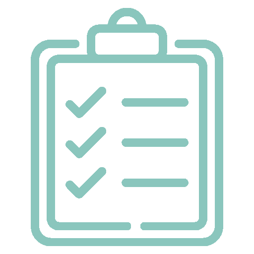Icon of a clipboard with three checkmarks next to three horizontal lines, indicating a completed checklist. The image is in light blue.