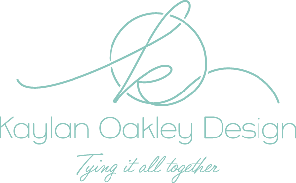 Logo for Kaylan Oakley Design with a stylized "K" and "O" intertwining, followed by the text "Kaylan Oakley Design" and the tagline "Tying it all together" in cursive.