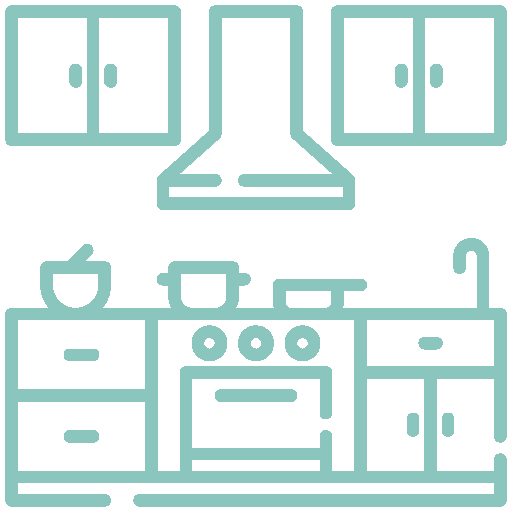 Illustration of a modern kitchen with cabinets, a hood, a stove with pans, and a sink.