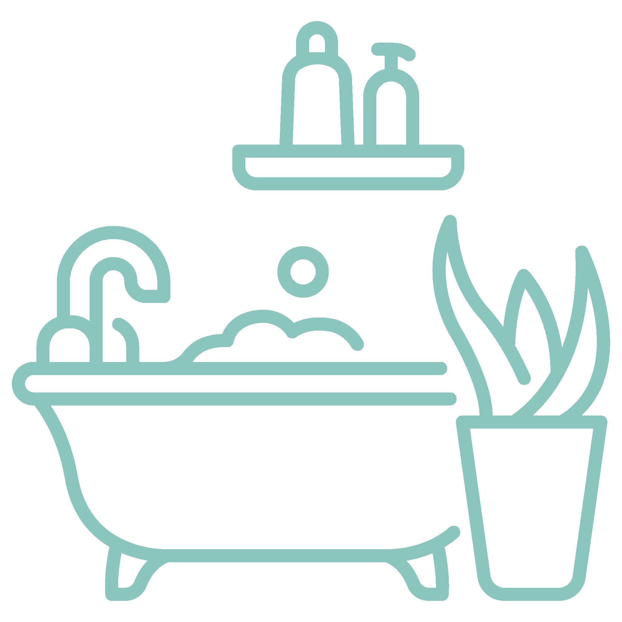 Line illustration of a bathtub with bubbles, a shelf with bottles above, and a potted plant beside it.