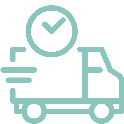 Icon of a delivery truck with speed lines and a clock featuring a checkmark above it, indicating timely delivery.