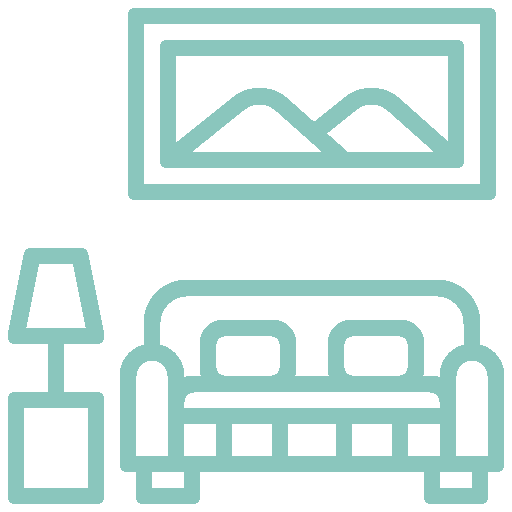 Icon of a living room with a lamp, sofa, and wall art.