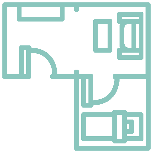 Minimalistic floor plan with two rooms, each featuring a window, and two doors connecting the rooms to a hallway.