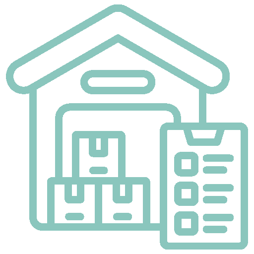 Icon of a warehouse with stacked boxes in front and a checklist on the side, representing inventory or logistics management.